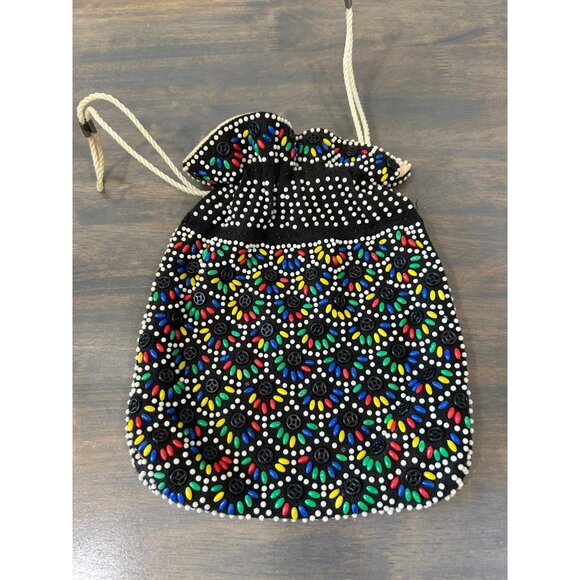 Handmade Handbags - Vintage Multi Color Beaded Cinch Purse 70s